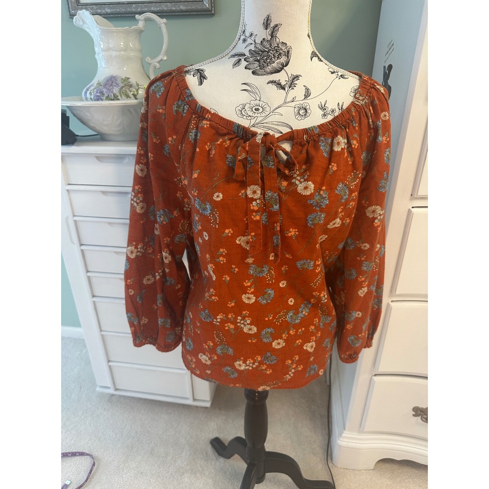 a.n.a a new approach Rust Floral Cotton Peasant Blouse XL Boho Tie Neck Top